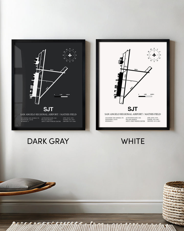 Framed Detailed Airport Map of San Angelo Regional Airport/Mathis Field (SJT) in White and Gray
