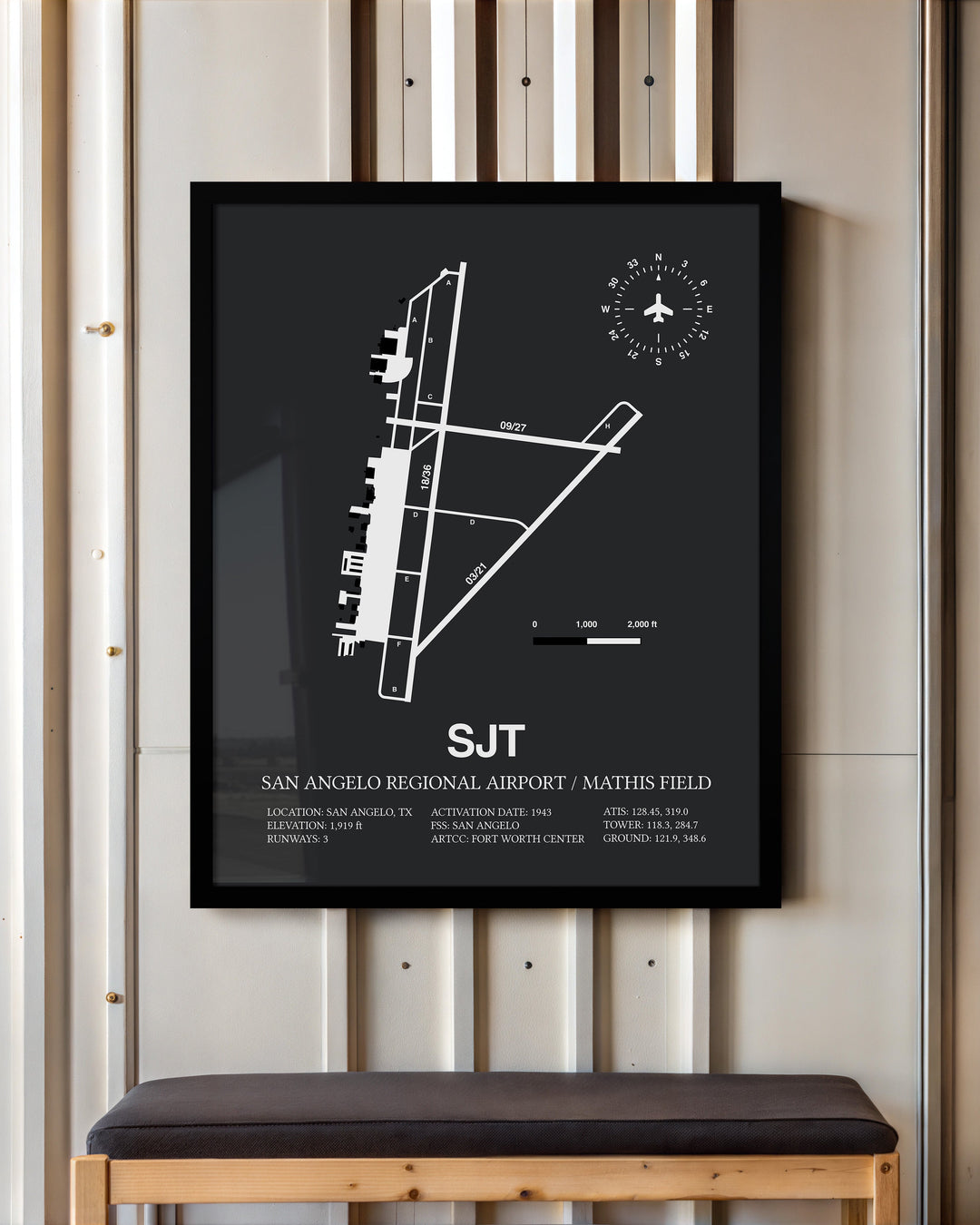 Framed Detailed Airport Map of San Angelo Regional Airport/Mathis Field (SJT) in Gray with a Black Frame