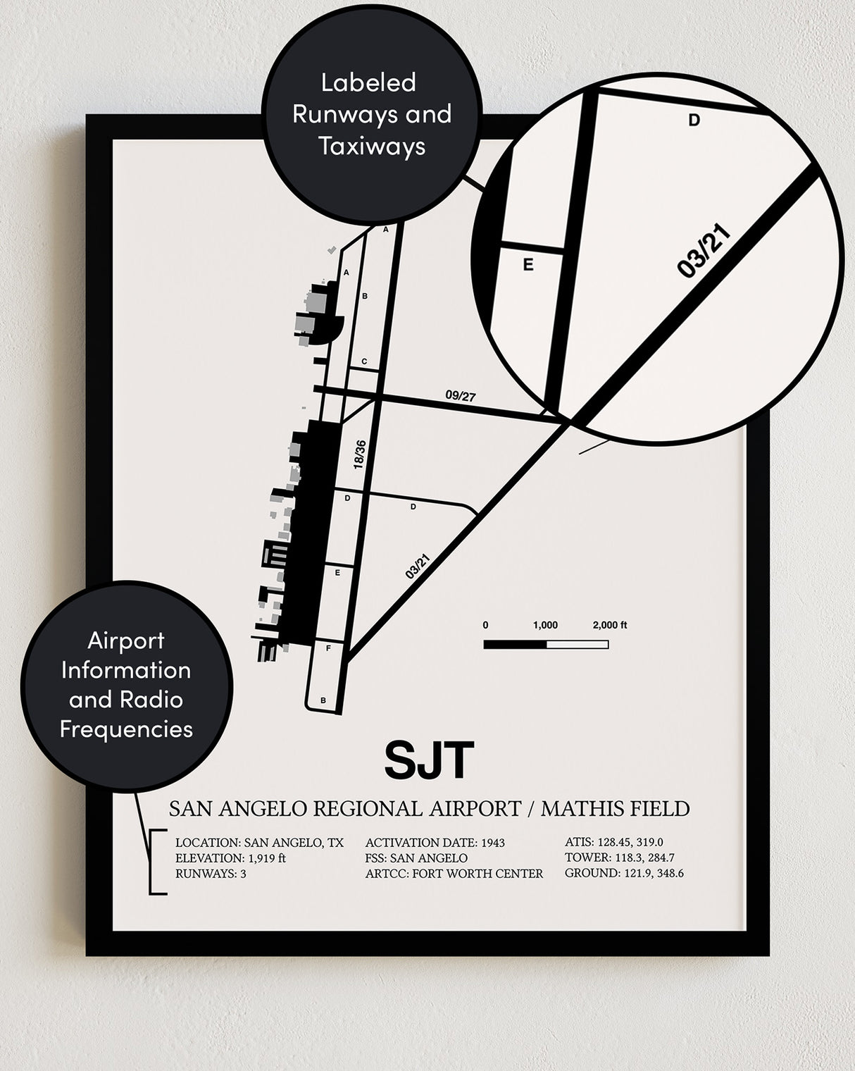 Framed Detailed Airport Map of San Angelo Regional Airport/Mathis Field (SJT) in White with a Black Frame