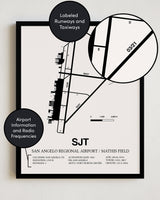 Framed Detailed Airport Map of San Angelo Regional Airport/Mathis Field (SJT) in White with a Black Frame