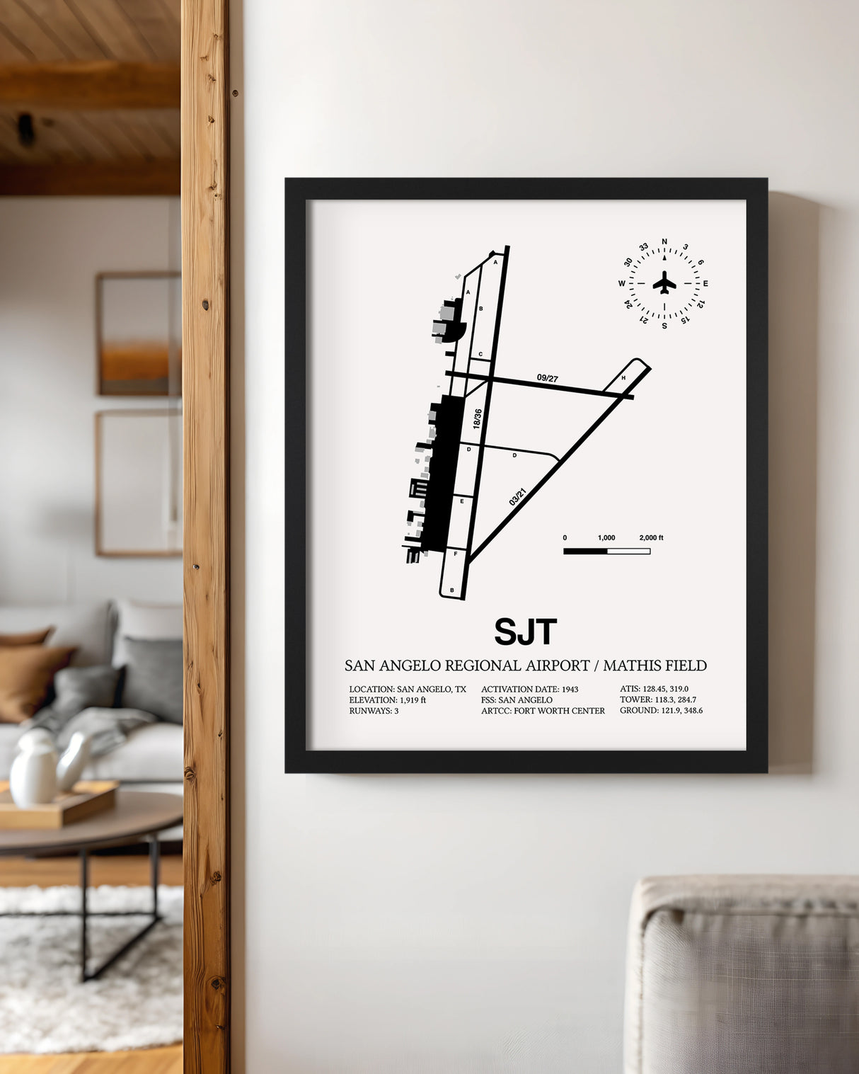 Framed Detailed Airport Map of San Angelo Regional Airport/Mathis Field (SJT) in White with a Black Frame