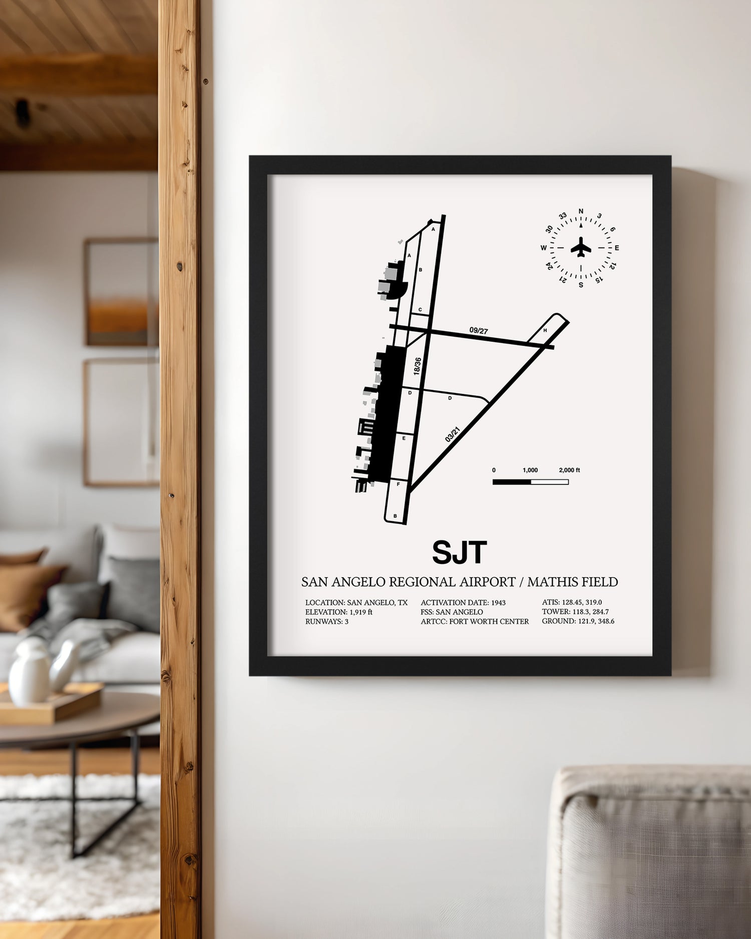 Framed Detailed Airport Map of San Angelo Regional Airport/Mathis Field (SJT) in White with a Black Frame