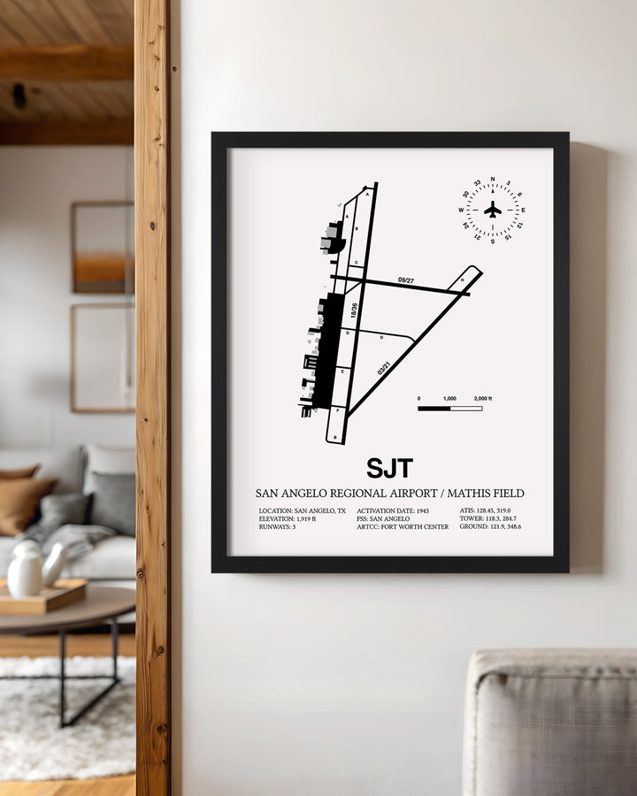 Framed Detailed Airport Map of San Angelo Regional Airport/Mathis Field (SJT) in White with a Black Frame