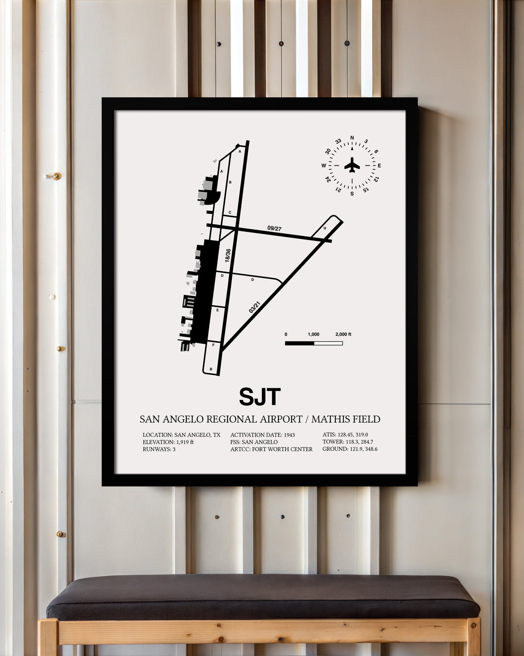 Framed Detailed Airport Map of San Angelo Regional Airport/Mathis Field (SJT) in White with a Black Frame