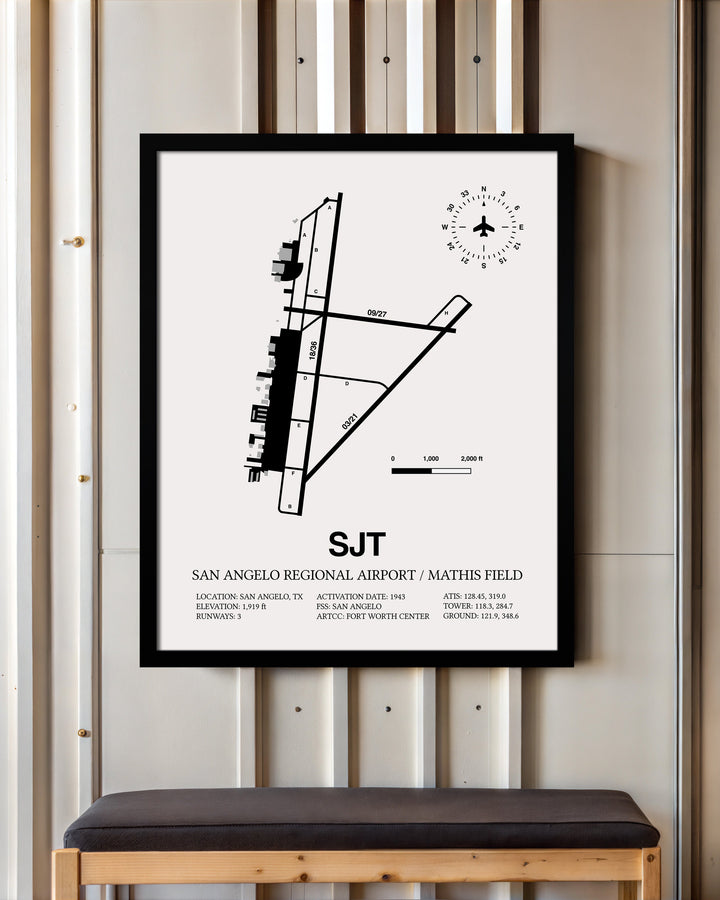 Framed Detailed Airport Map of San Angelo Regional Airport/Mathis Field (SJT) in White with a Black Frame