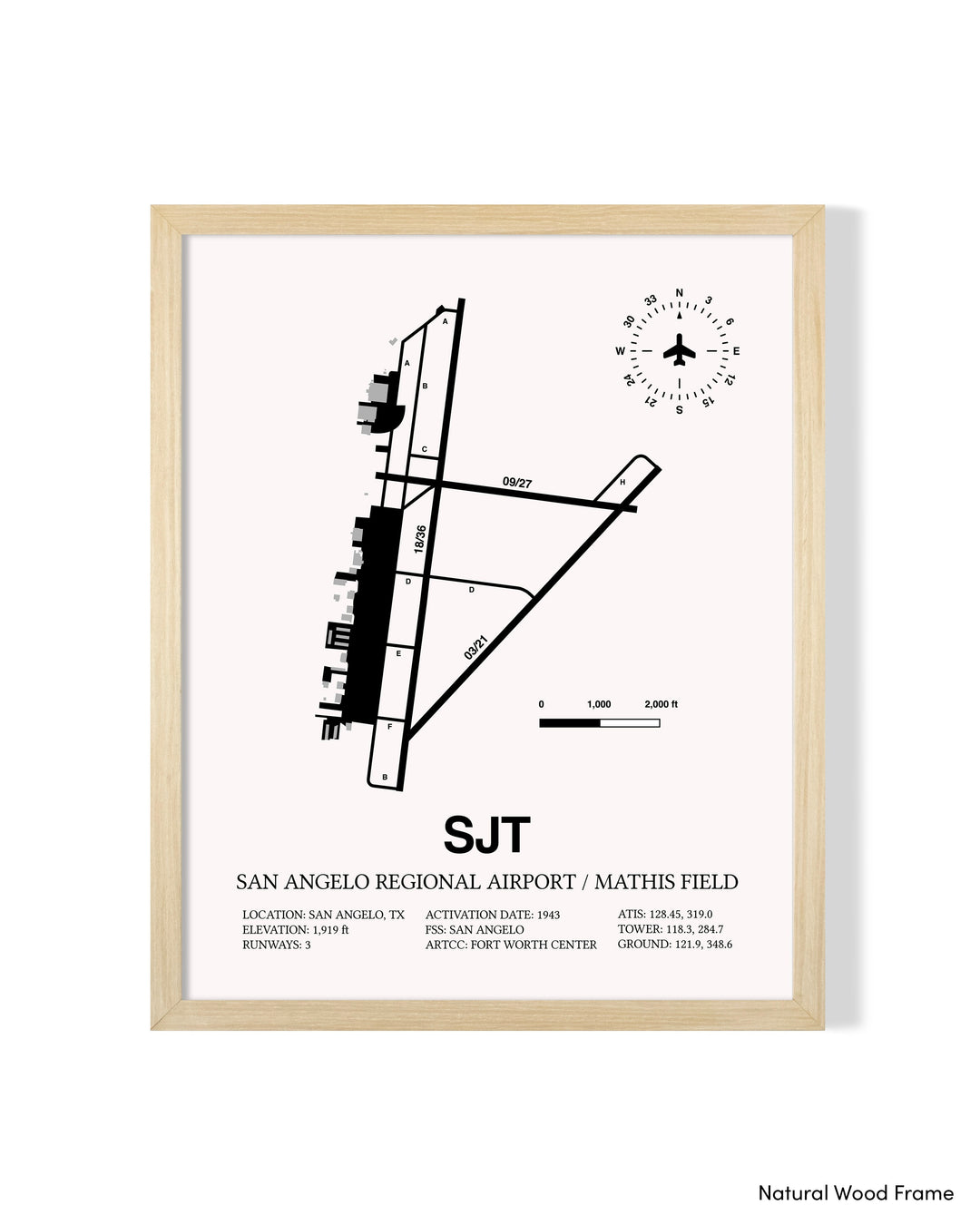 Detailed Airport Map of San Angelo Regional Airport/Mathis Field (SJT) in White with a Natural Frame