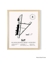 Detailed Airport Map of San Angelo Regional Airport/Mathis Field (SJT) in White with a Natural Frame