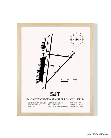 Detailed Airport Map of San Angelo Regional Airport/Mathis Field (SJT) in White with a Natural Frame