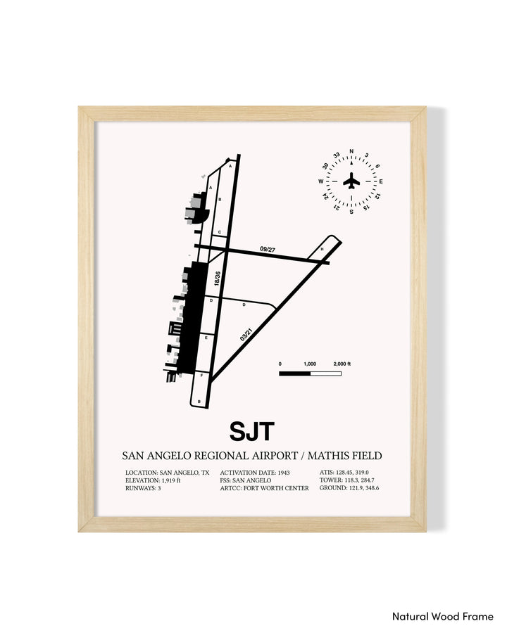Detailed Airport Map of San Angelo Regional Airport/Mathis Field (SJT) in White with a Natural Frame