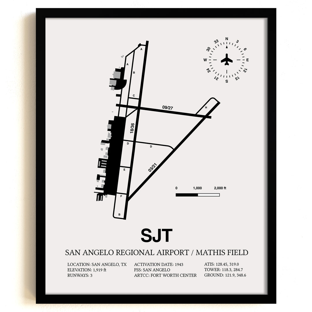 Framed Detailed Airport Map of San Angelo Regional Airport/Mathis Field (SJT) in White with a Black Frame