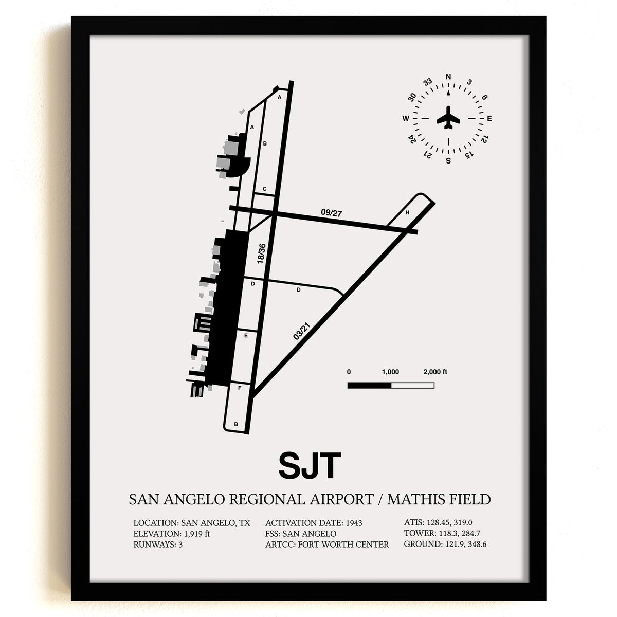 Framed Detailed Airport Map of San Angelo Regional Airport/Mathis Field (SJT) in White with a Black Frame