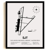 Framed Detailed Airport Map of San Angelo Regional Airport/Mathis Field (SJT) in White with a Black Frame
