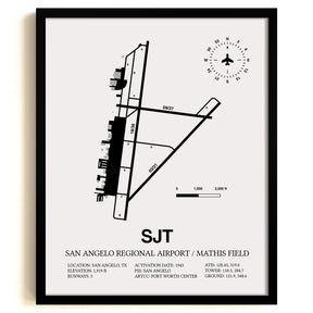 Framed Detailed Airport Map of San Angelo Regional Airport/Mathis Field (SJT) in White with a Black Frame