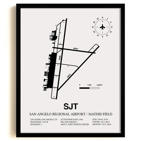 Framed Detailed Airport Map of San Angelo Regional Airport/Mathis Field (SJT) in White with a Black Frame