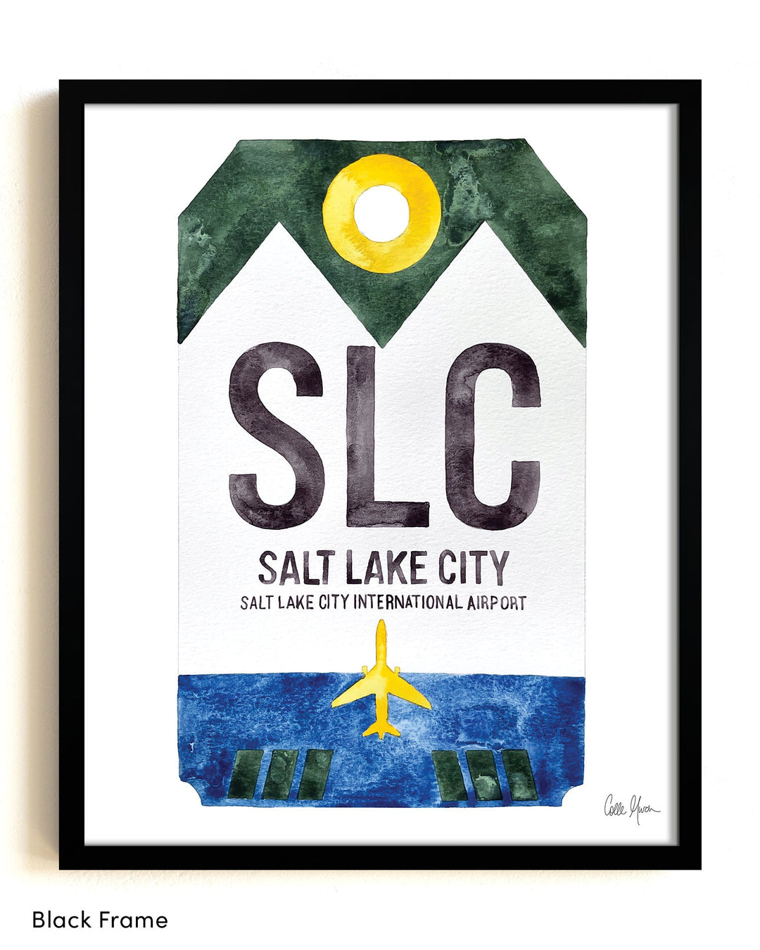 Framed Watercolor Print of Salt Lake City International Airport (SLC) with a Black Frame