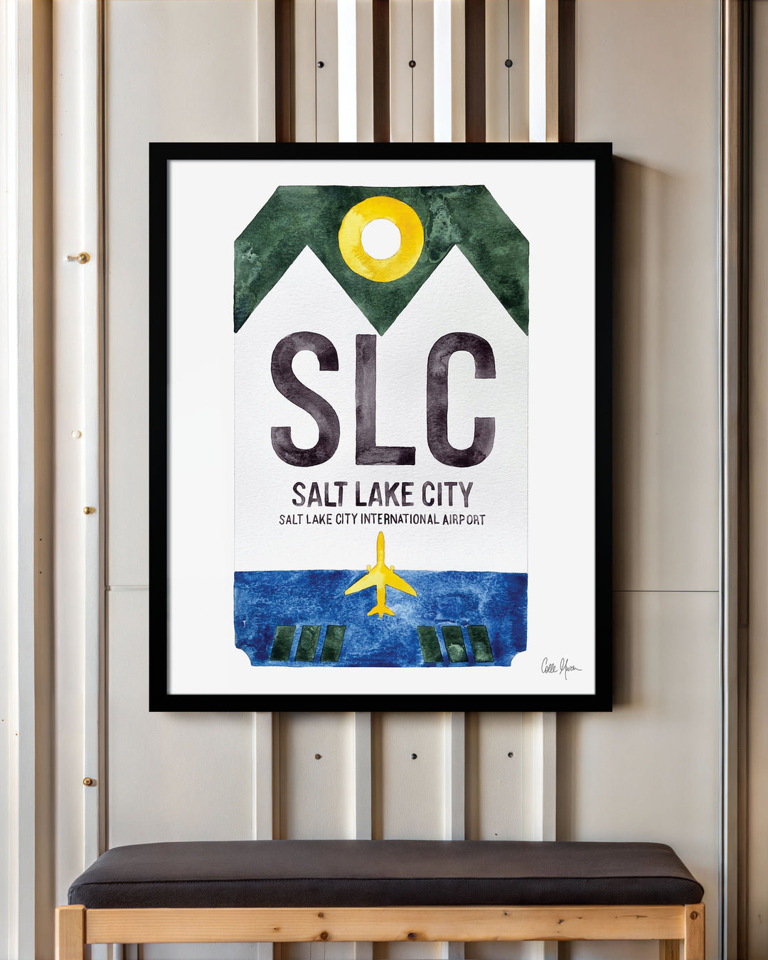 Framed Watercolor Print of Salt Lake City International Airport (SLC) with a Black Frame