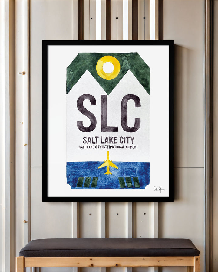 Framed Watercolor Print of Salt Lake City International Airport (SLC) with a Black Frame
