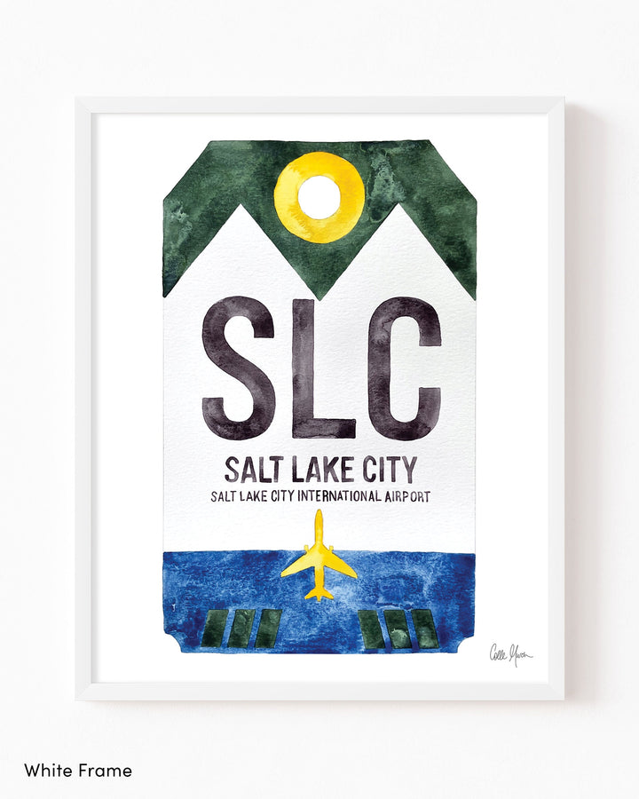 Framed Watercolor Print of Salt Lake City International Airport (SLC) with a White Frame
