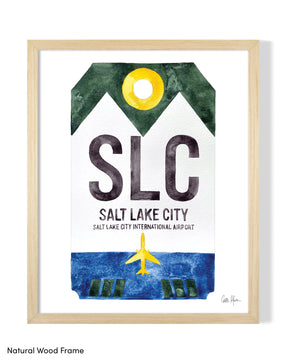 Framed Watercolor Print of Salt Lake City International Airport (SLC) with a Natural Wood Frame