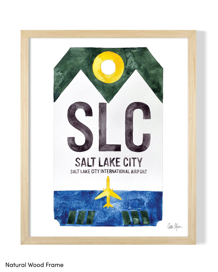 Framed Watercolor Print of Salt Lake City International Airport (SLC) with a Natural Wood Frame
