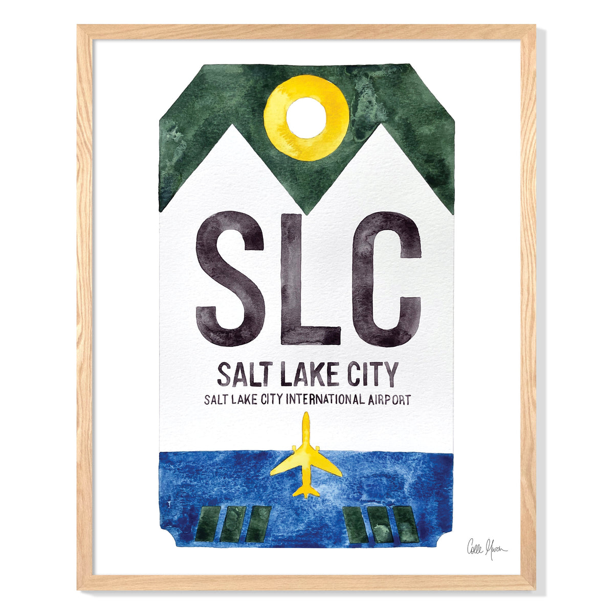 Framed Watercolor Print of Salt Lake City International Airport (SLC) with an Oak Frame