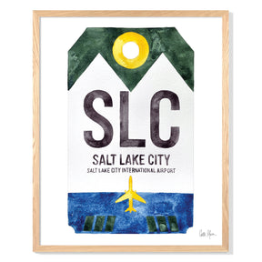 Framed Watercolor Print of Salt Lake City International Airport (SLC) with an Oak Frame