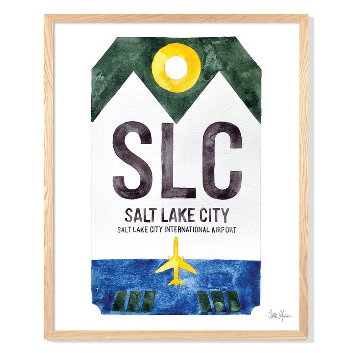 Framed Watercolor Print of Salt Lake City International Airport (SLC) with an Oak Frame