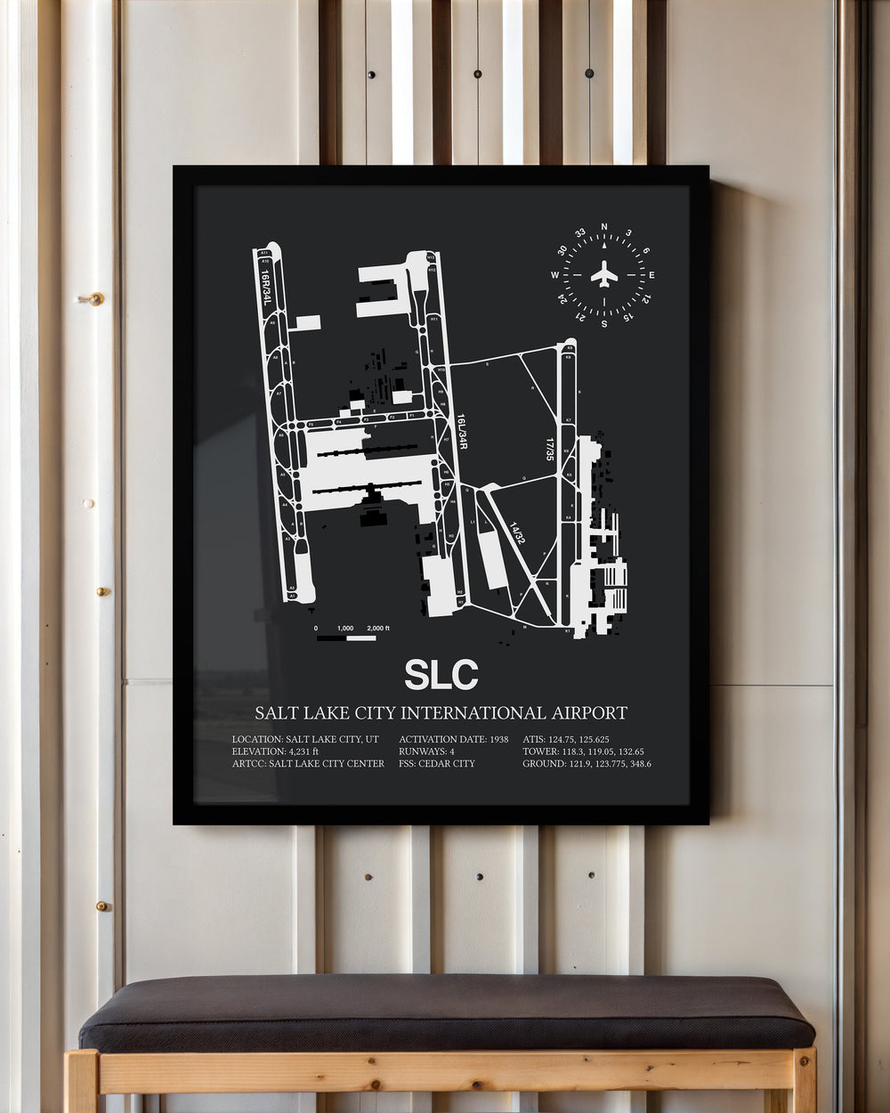 Framed Detailed Airport Map of Salt Lake City International Airport (SLC) in Gray with a Black Frame