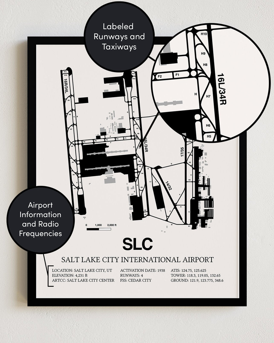 Framed Detailed Airport Map of Salt Lake City International Airport (SLC) in White with a Black Frame