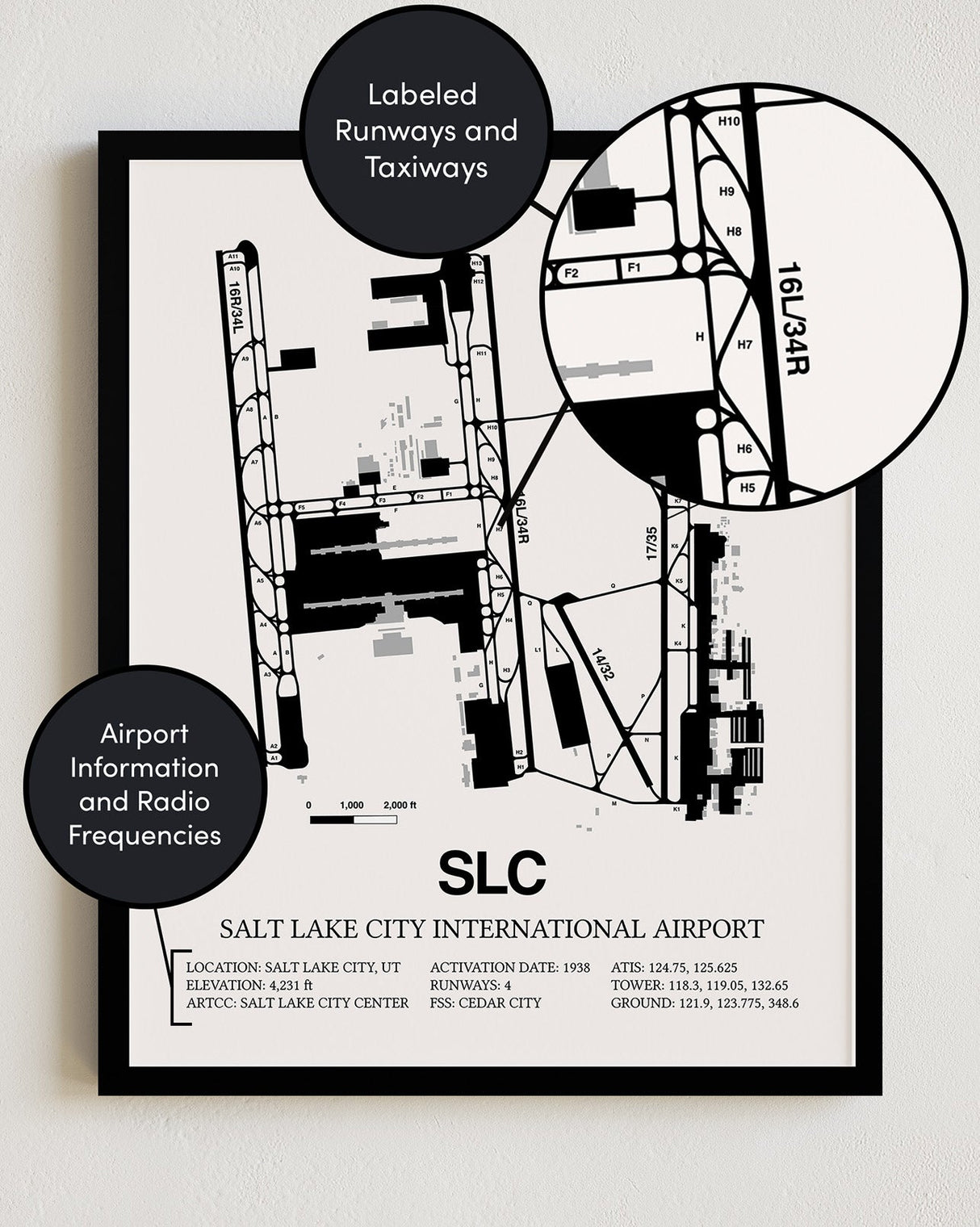 Framed Detailed Airport Map of Salt Lake City International Airport (SLC) in White with a Black Frame