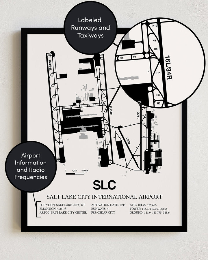 Framed Detailed Airport Map of Salt Lake City International Airport (SLC) in White with a Black Frame