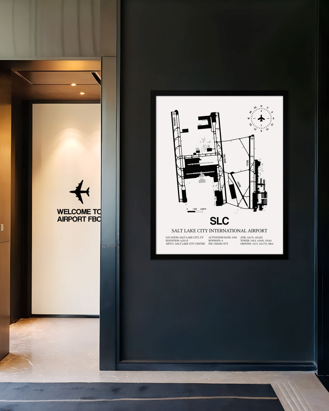 Framed Detailed Airport Map of Salt Lake City International Airport (SLC) in White with a Black Frame