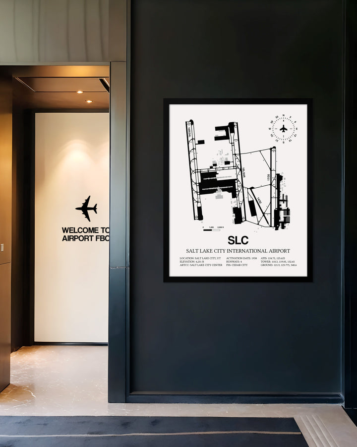 Framed Detailed Airport Map of Salt Lake City International Airport (SLC) in White with a Black Frame