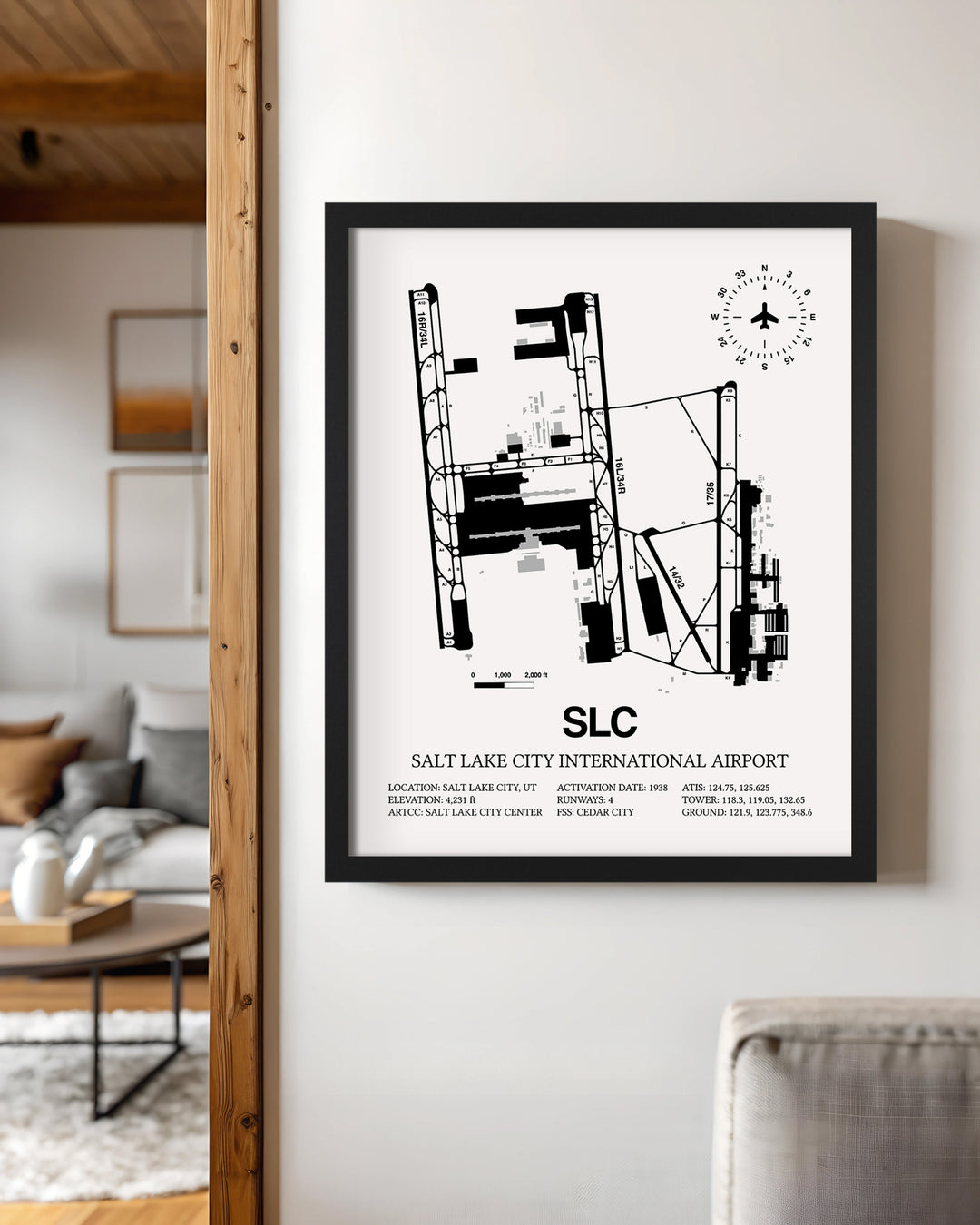 Framed Detailed Airport Map of Salt Lake City International Airport (SLC) in White with a Black Frame