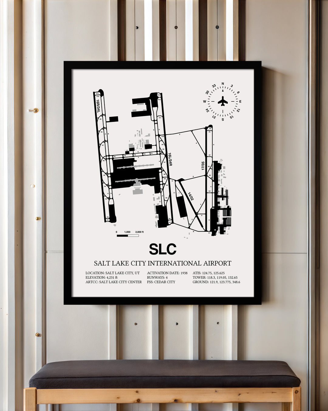 Framed Detailed Airport Map of Salt Lake City International Airport (SLC) in White with a Black Frame