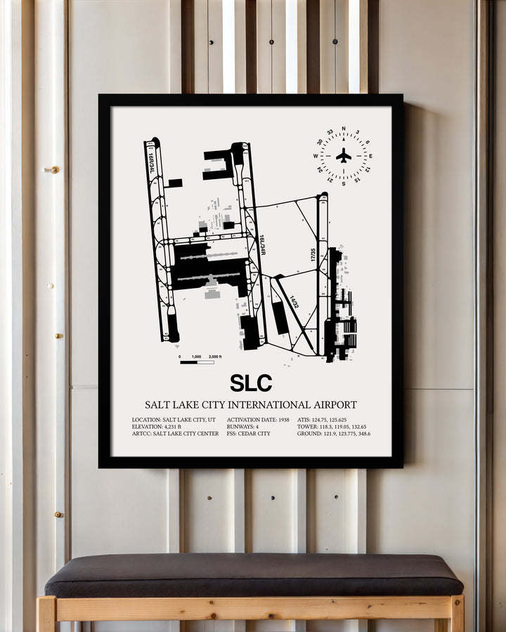 Framed Detailed Airport Map of Salt Lake City International Airport (SLC) in White with a Black Frame