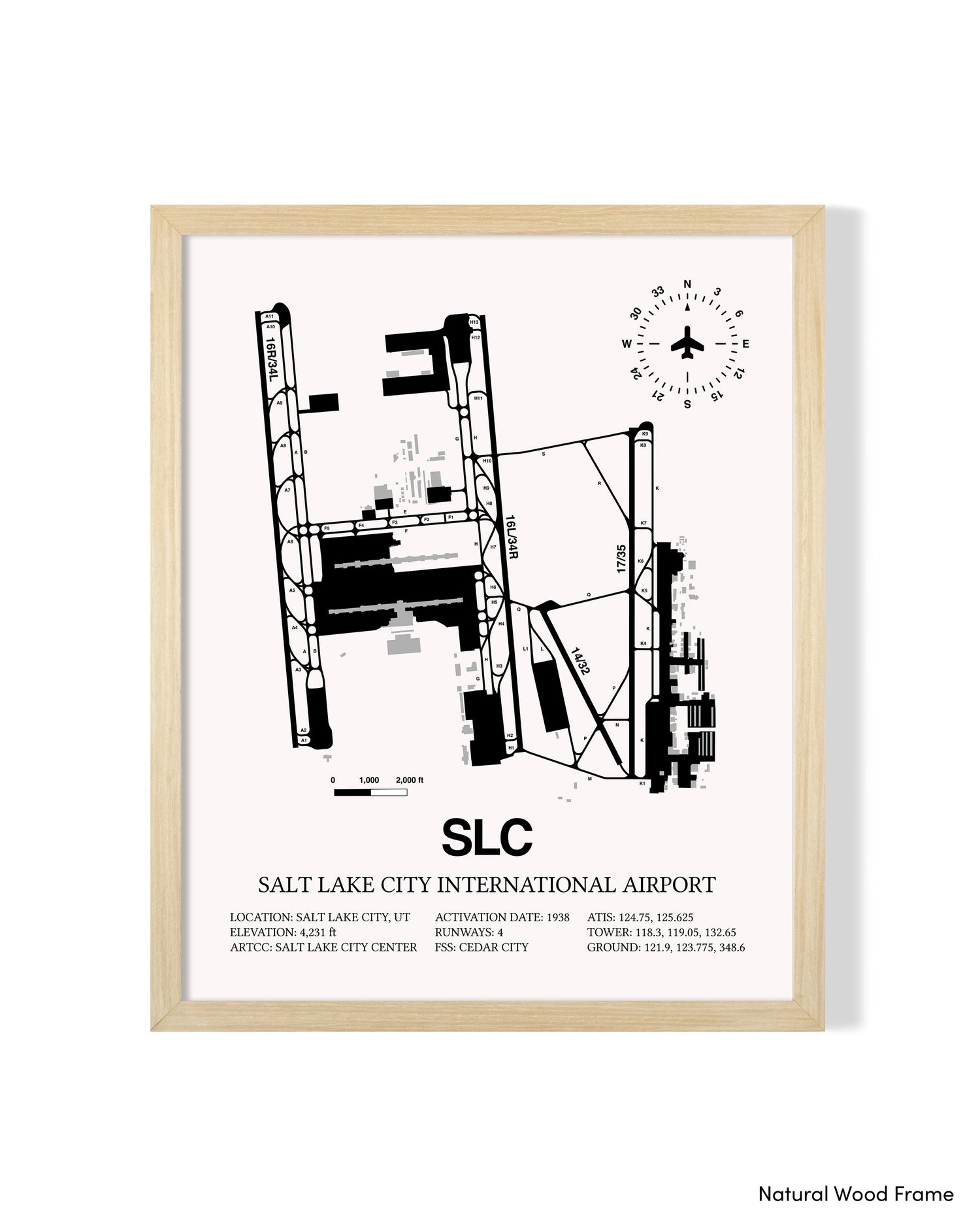 Detailed Airport Map of Salt Lake City International Airport (SLC) in White with a Natural Frame