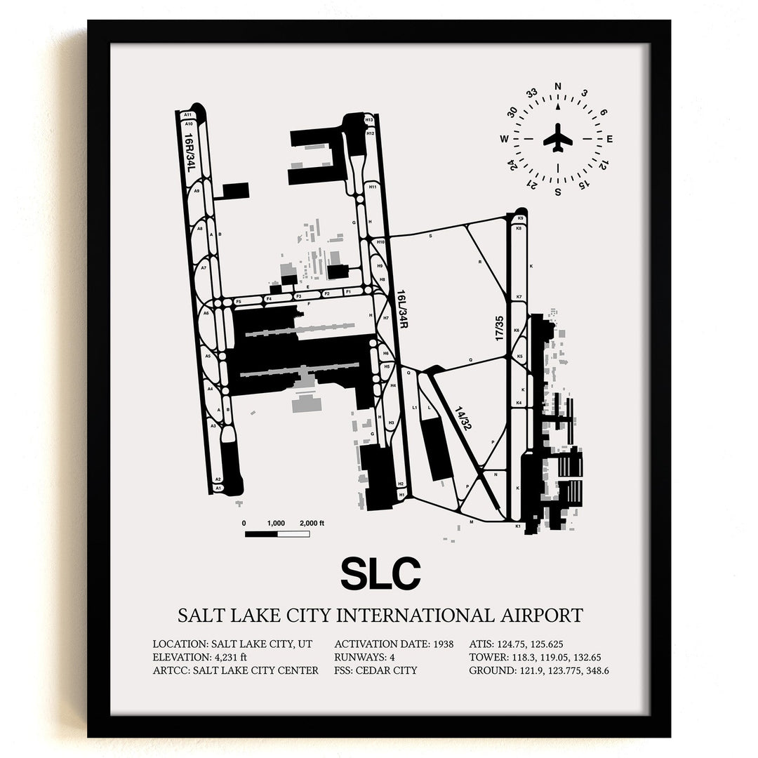 Framed Detailed Airport Map of Salt Lake City International Airport (SLC) in White with a Black Frame
