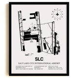 Framed Detailed Airport Map of Salt Lake City International Airport (SLC) in White with a Black Frame