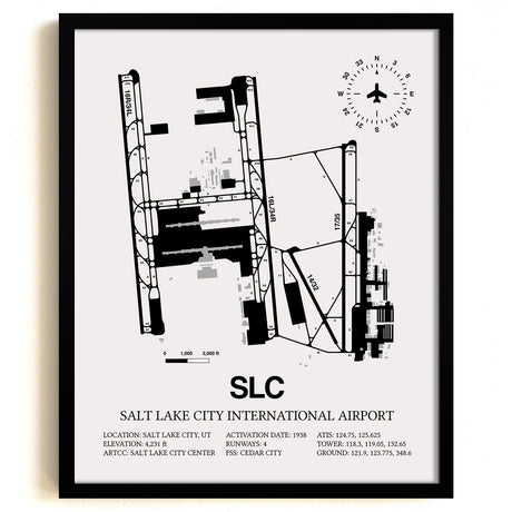 Framed Detailed Airport Map of Salt Lake City International Airport (SLC) in White with a Black Frame