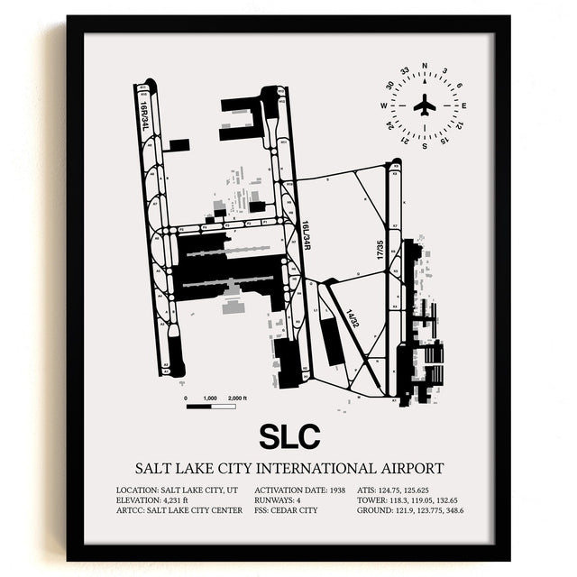 Framed Detailed Airport Map of Salt Lake City International Airport (SLC) in White with a Black Frame