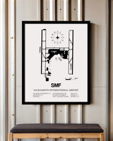 Framed Detailed Airport Map of Sacramento International Airport (SMF) in White with a Black Frame