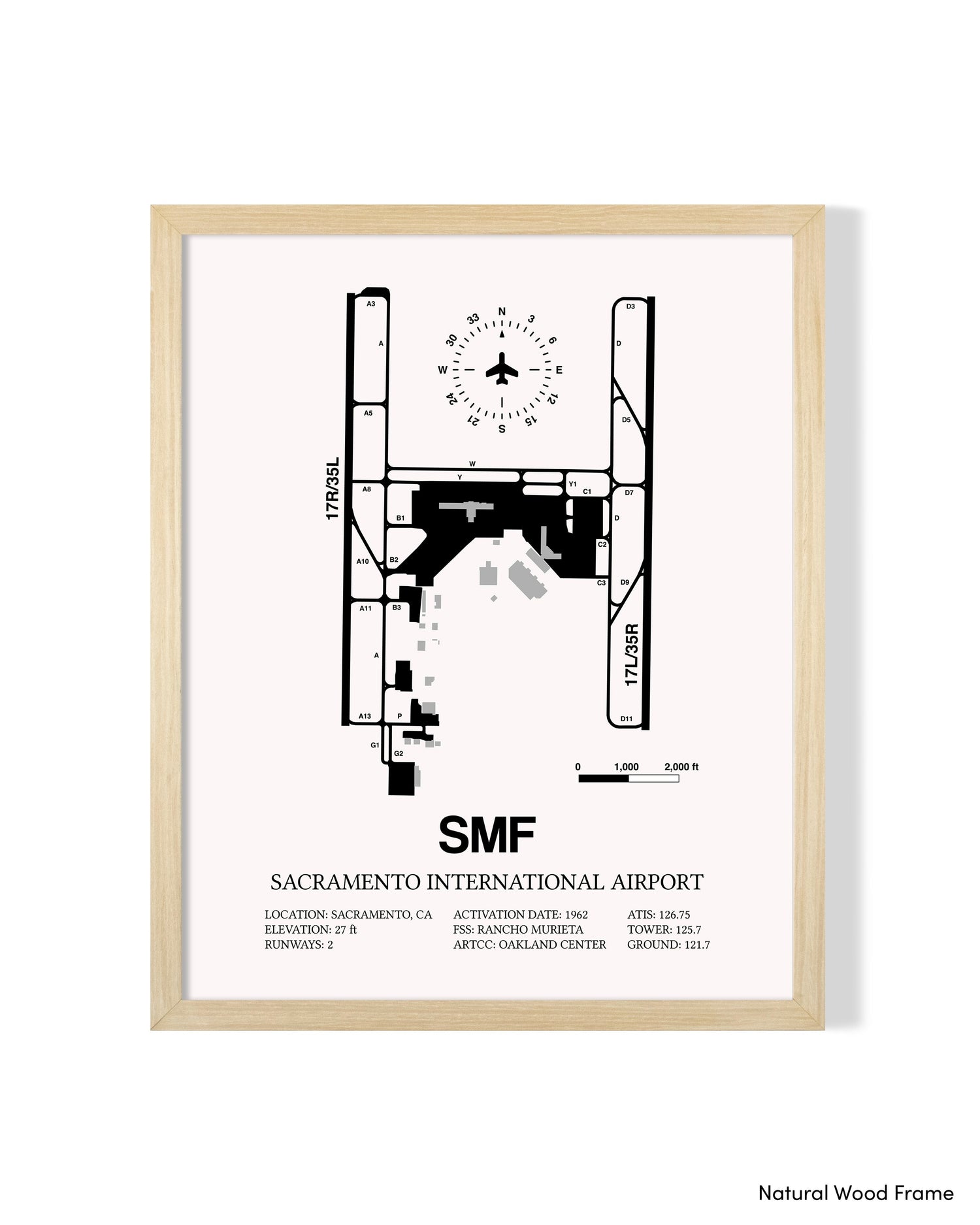 Detailed Airport Map of Sacramento International Airport (SMF) in White with a Natural Frame