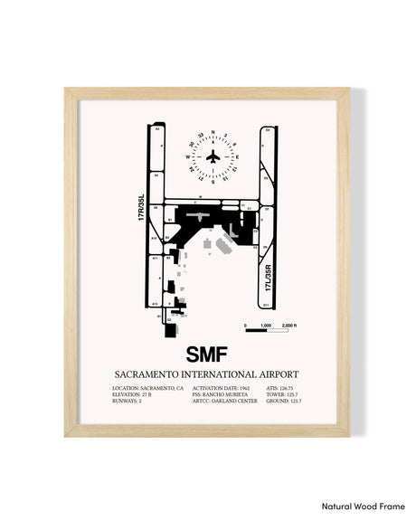 Detailed Airport Map of Sacramento International Airport (SMF) in White with a Natural Frame