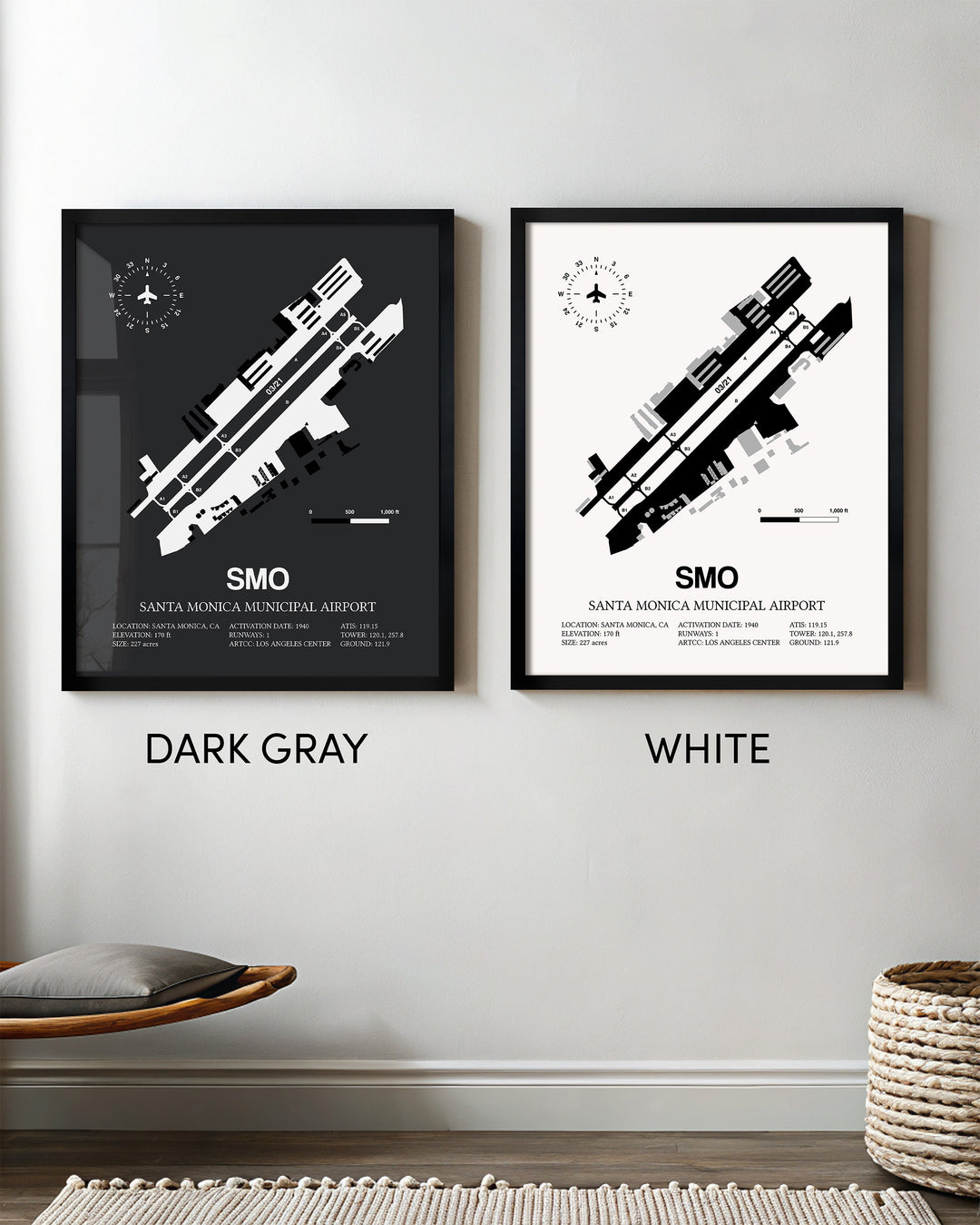 Framed Detailed Airport Map of Santa Monica Municipal Airport (SMO) in White and Gray