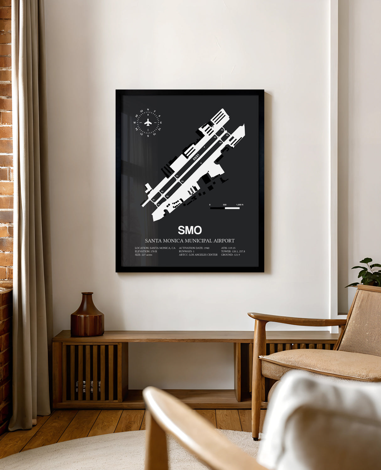 Framed Detailed Airport Map of Santa Monica Municipal Airport (SMO) in Gray with a Black Frame
