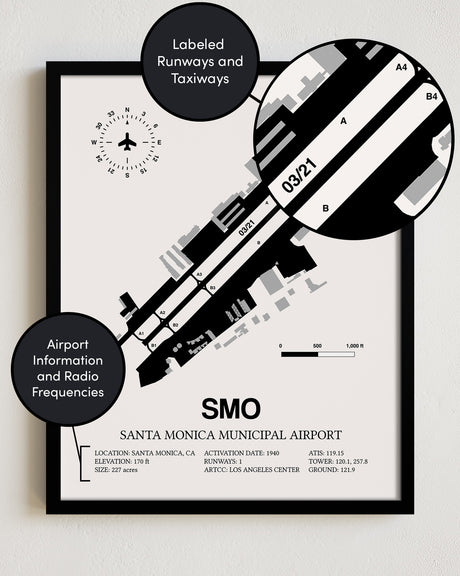 Framed Detailed Airport Map of Santa Monica Municipal Airport (SMO) in White with a Black Frame