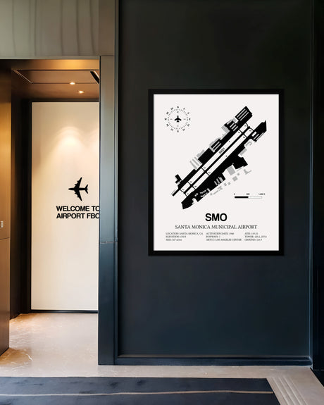 Framed Detailed Airport Map of Santa Monica Municipal Airport (SMO) in White with a Black Frame