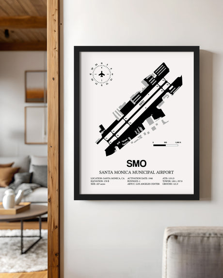 Framed Detailed Airport Map of Santa Monica Municipal Airport (SMO) in White with a Black Frame