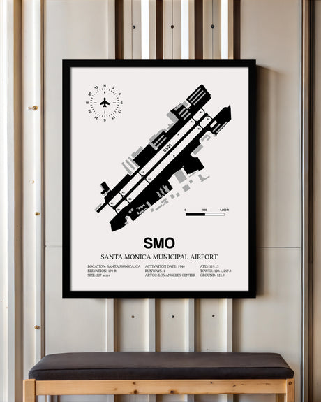 Framed Detailed Airport Map of Santa Monica Municipal Airport (SMO) in White with a Black Frame
